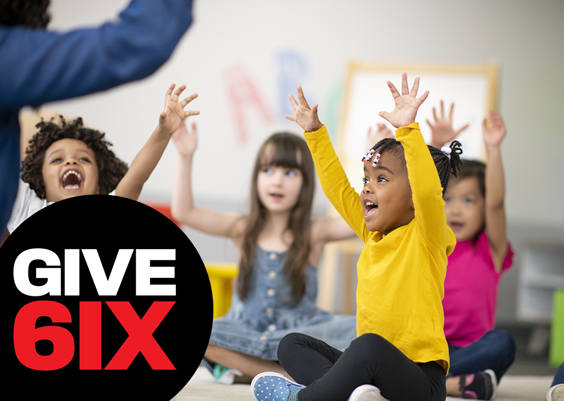 GIVE 6IX logo over kids in daycare