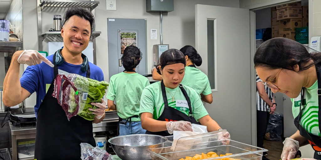 church group prepares food in Evergreen kitchen